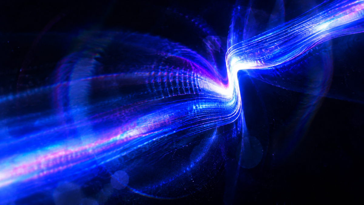 Electric blue and violet light trails visualizing a sweeping whoosh
