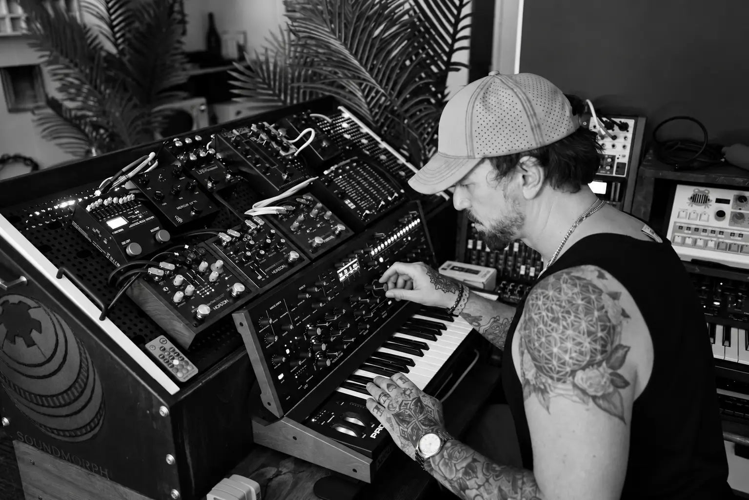 Jason Cushing shaping a synthesizer patch in the studio.