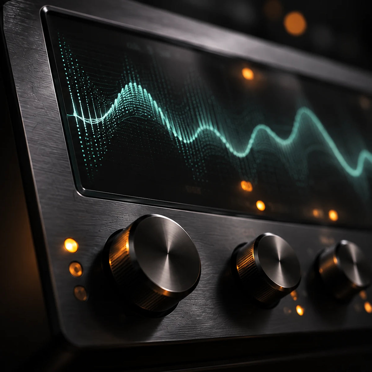 Graphite signal instrument with a teal waveform and amber lights