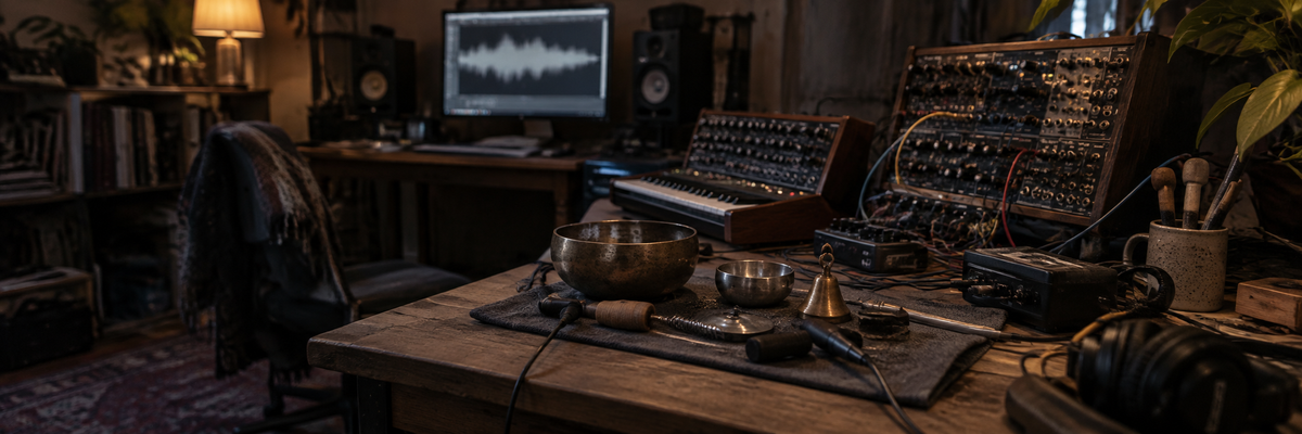 Illustrative cinematic sound design setup with synthesizers and resonant objects