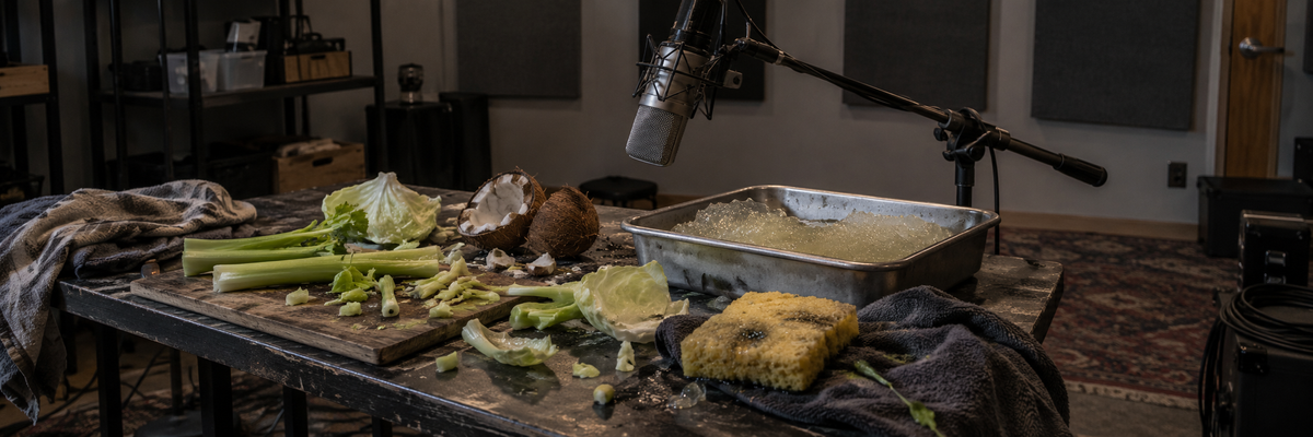 Illustrative organic Foley recording props including vegetables and gelatin