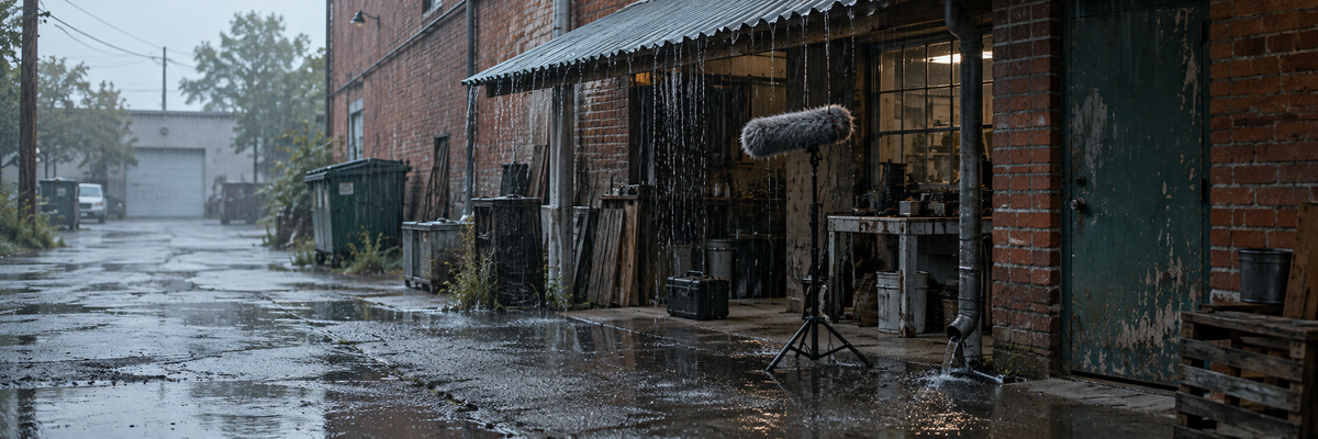 Illustrative rain recording setup in a wet brick alley