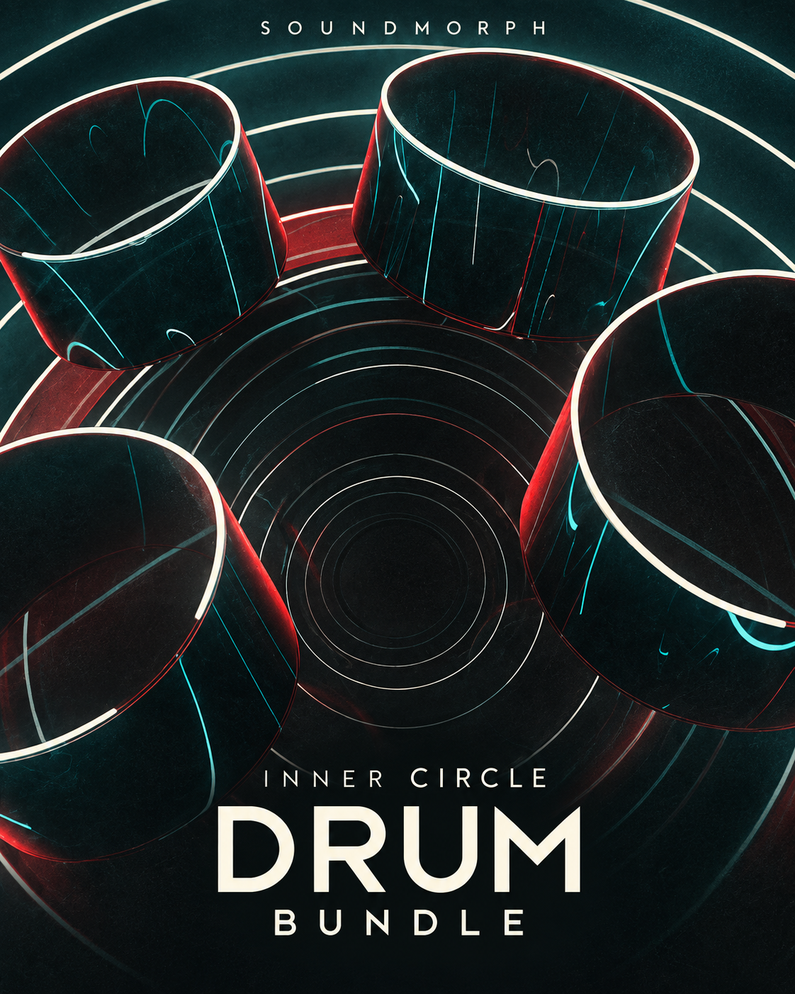 Inner Circle Drum Bundle — SoundMorph drum sample library bundle, featuring abstract circular drums with teal and red accents
