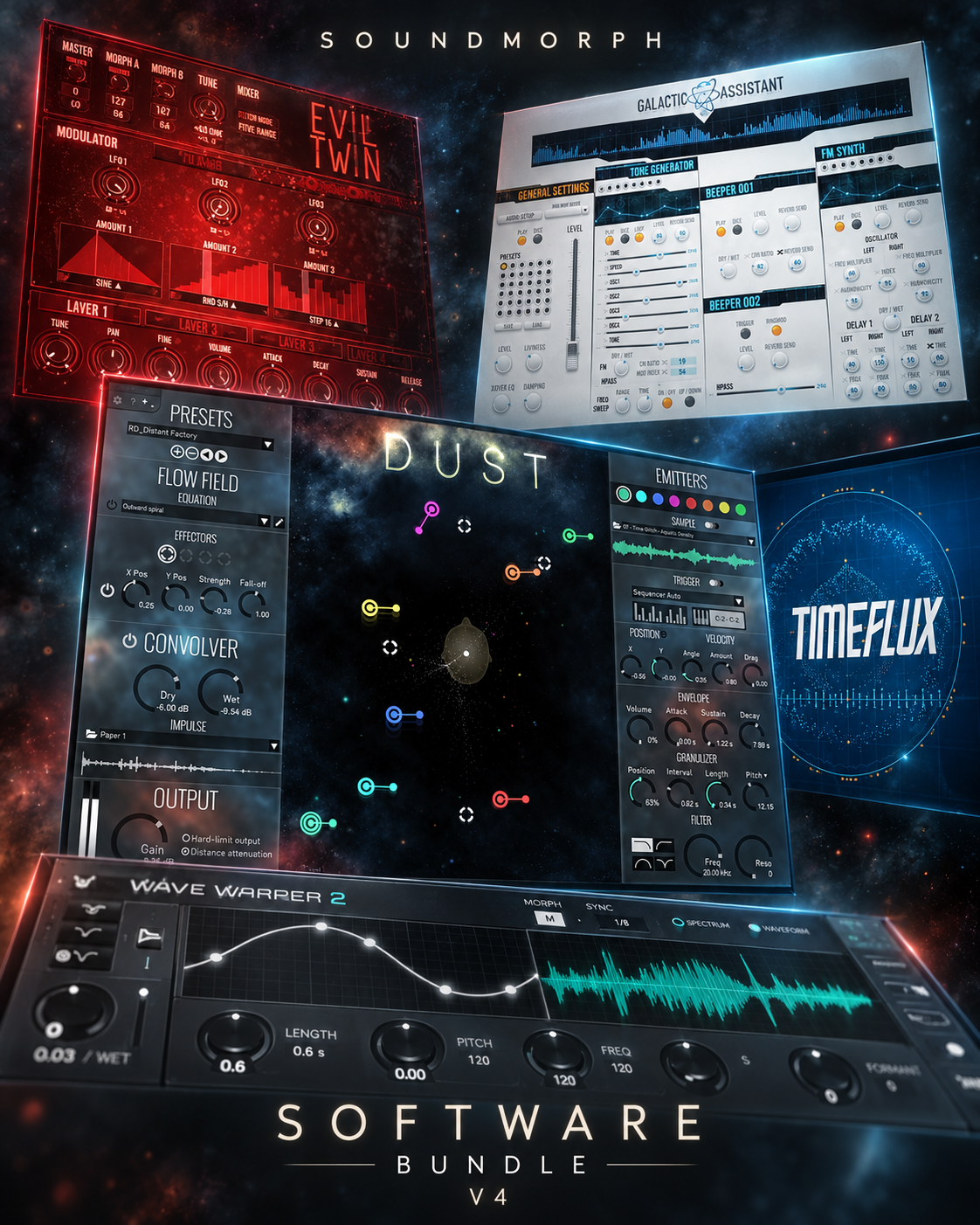 Software Bundle v4 — SoundMorph sound design software bundle with layered interface artwork