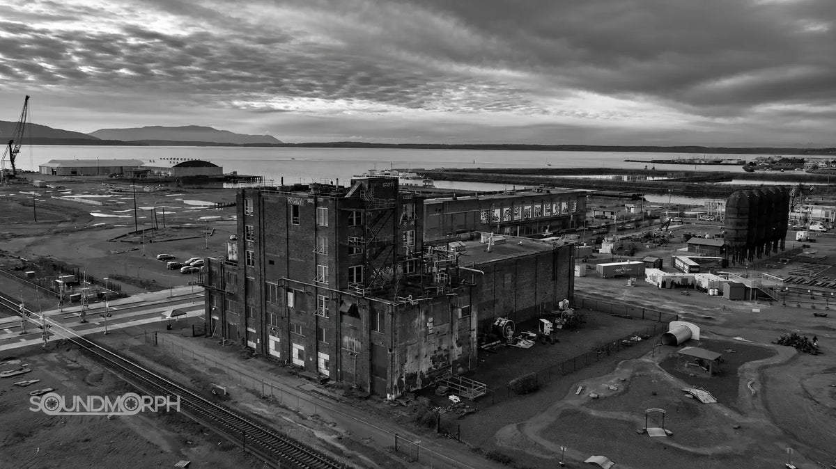 A weathered factory on Bellingham's industrial waterfront, in black and white.