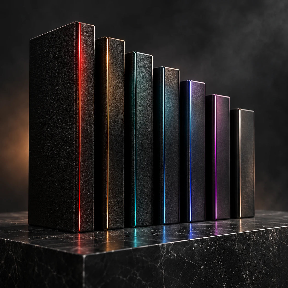 Graphite library cases with subtle colored spine lights