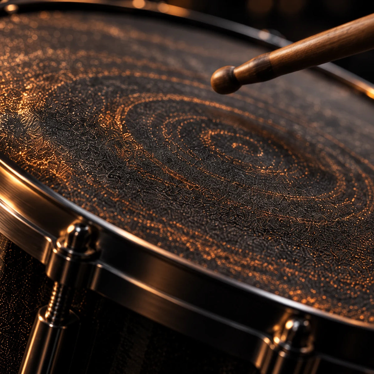 Copper dust vibration patterns across a dark drum skin