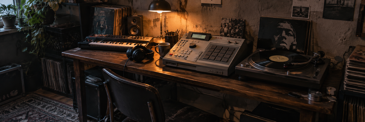 Illustrative beatmaking desk with a sampler, turntable and records
