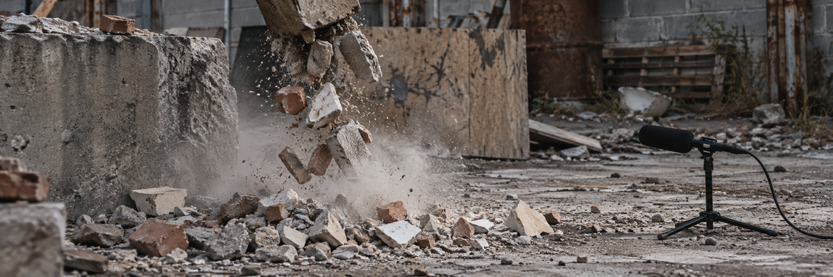 Illustrative destruction recording session with falling concrete, broken bricks and dust