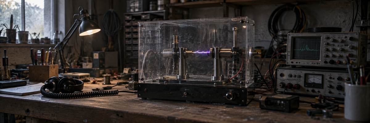 Illustrative electrical sound recording setup with a small spark and test equipment