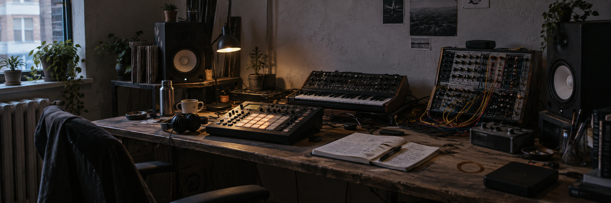 Illustrative electronic drum recording setup with a sampler and synthesizers