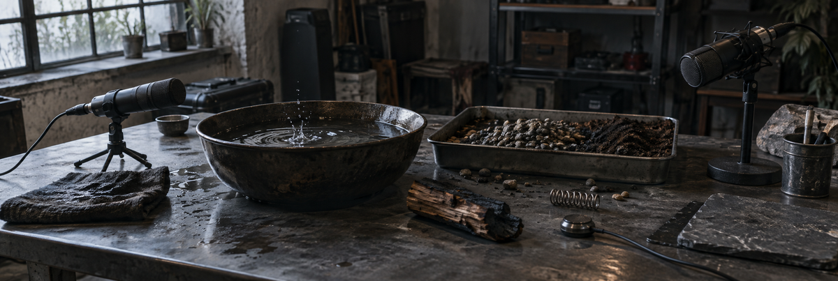 Illustrative elemental Foley props including water, stones and charred wood