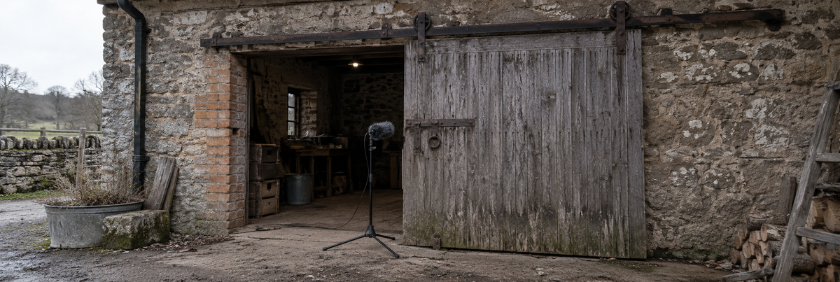 Illustrative recording setup beside a weathered heavy wooden door