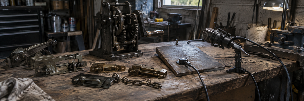 Illustrative mechanical Foley bench with gears, springs and metal props