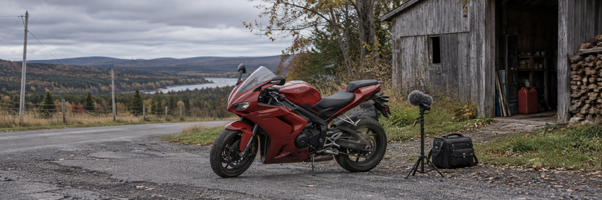 Illustrative motorcycle recording setup beside a country road