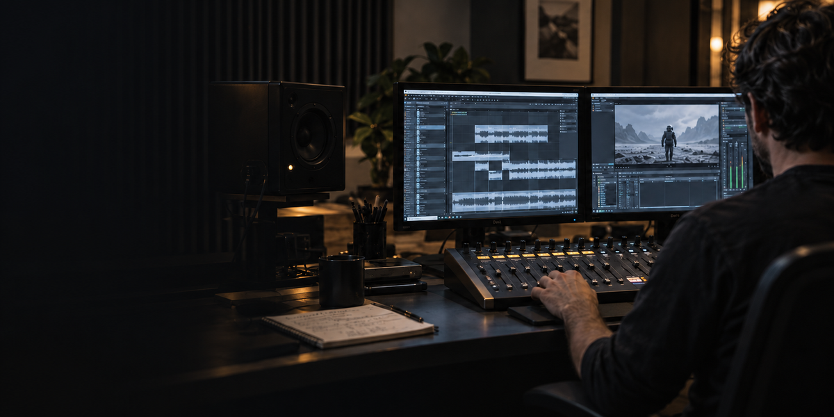 Illustrative scene of a sound designer working at a mixing desk in a softly lit studio.