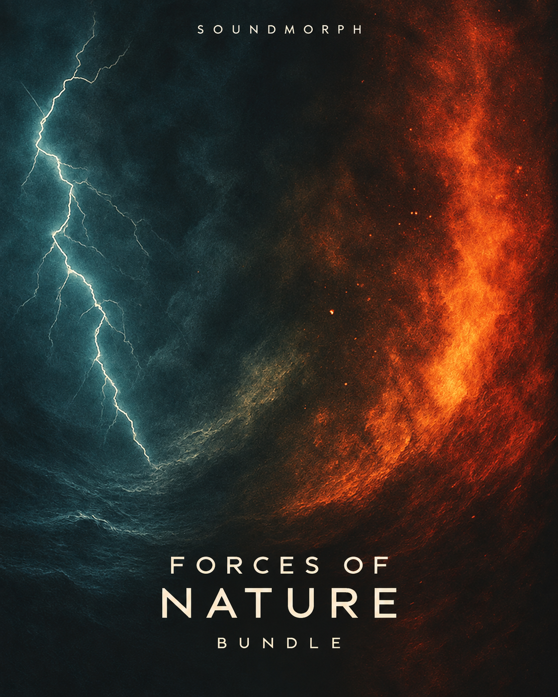 Forces of Nature Bundle — SoundMorph elemental sound library bundle, featuring storm and lightning beside swirling fire