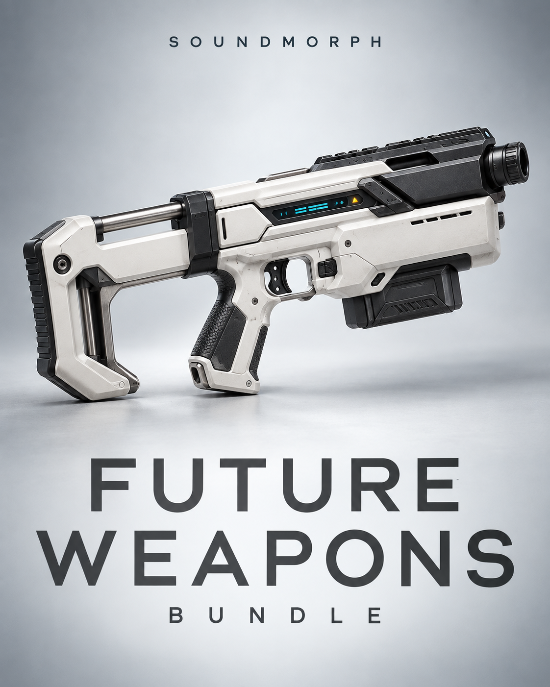 Future Weapons Bundle — SoundMorph sci-fi weapons sound bundle, featuring a white and black futuristic weapon with cyan and amber interface details