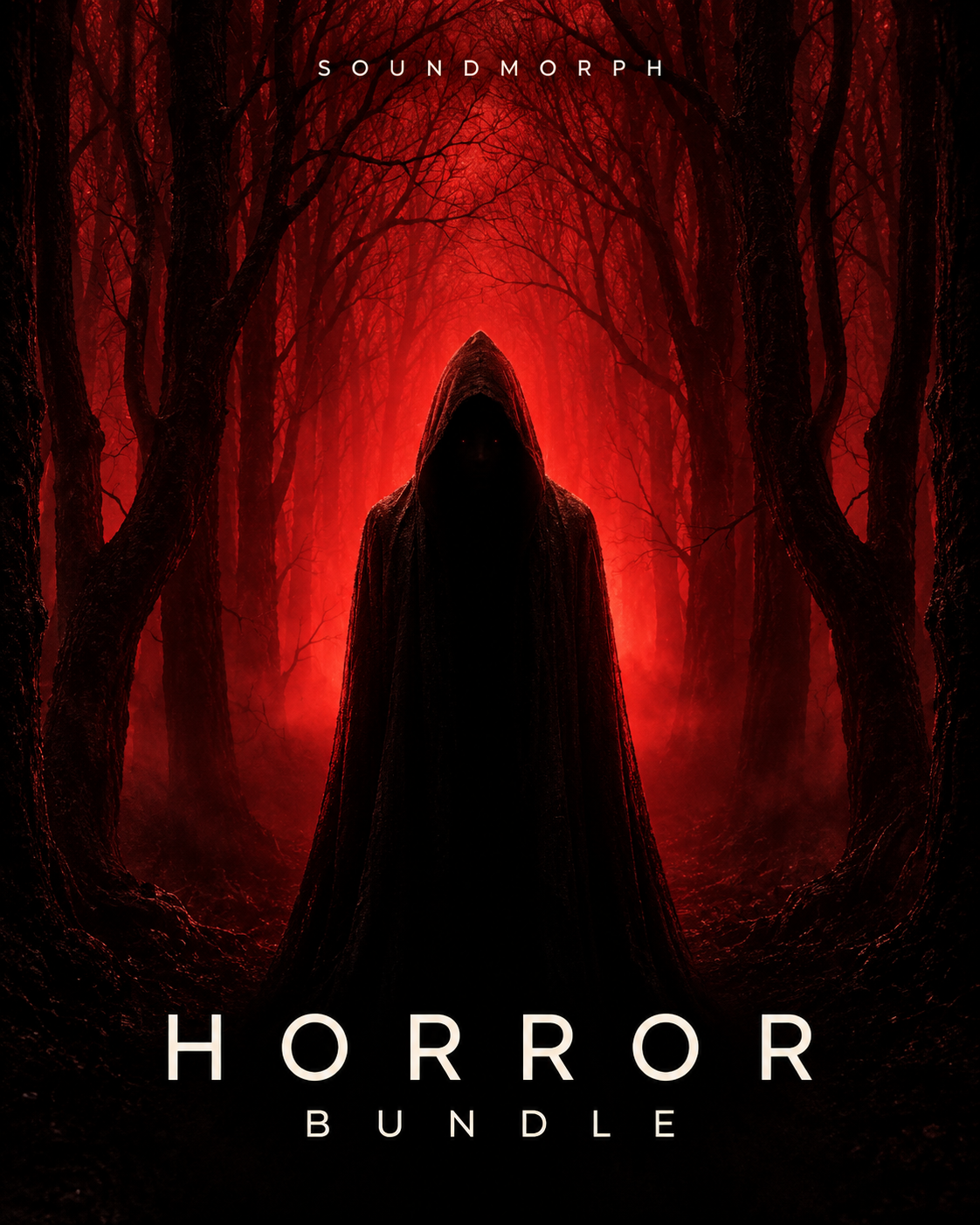 Horror Bundle — SoundMorph horror sound library bundle, featuring a hooded figure in a red-lit forest
