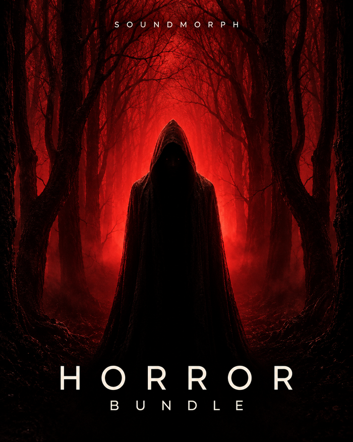 Horror Bundle — SoundMorph horror sound library bundle, featuring a hooded figure in a red-lit forest