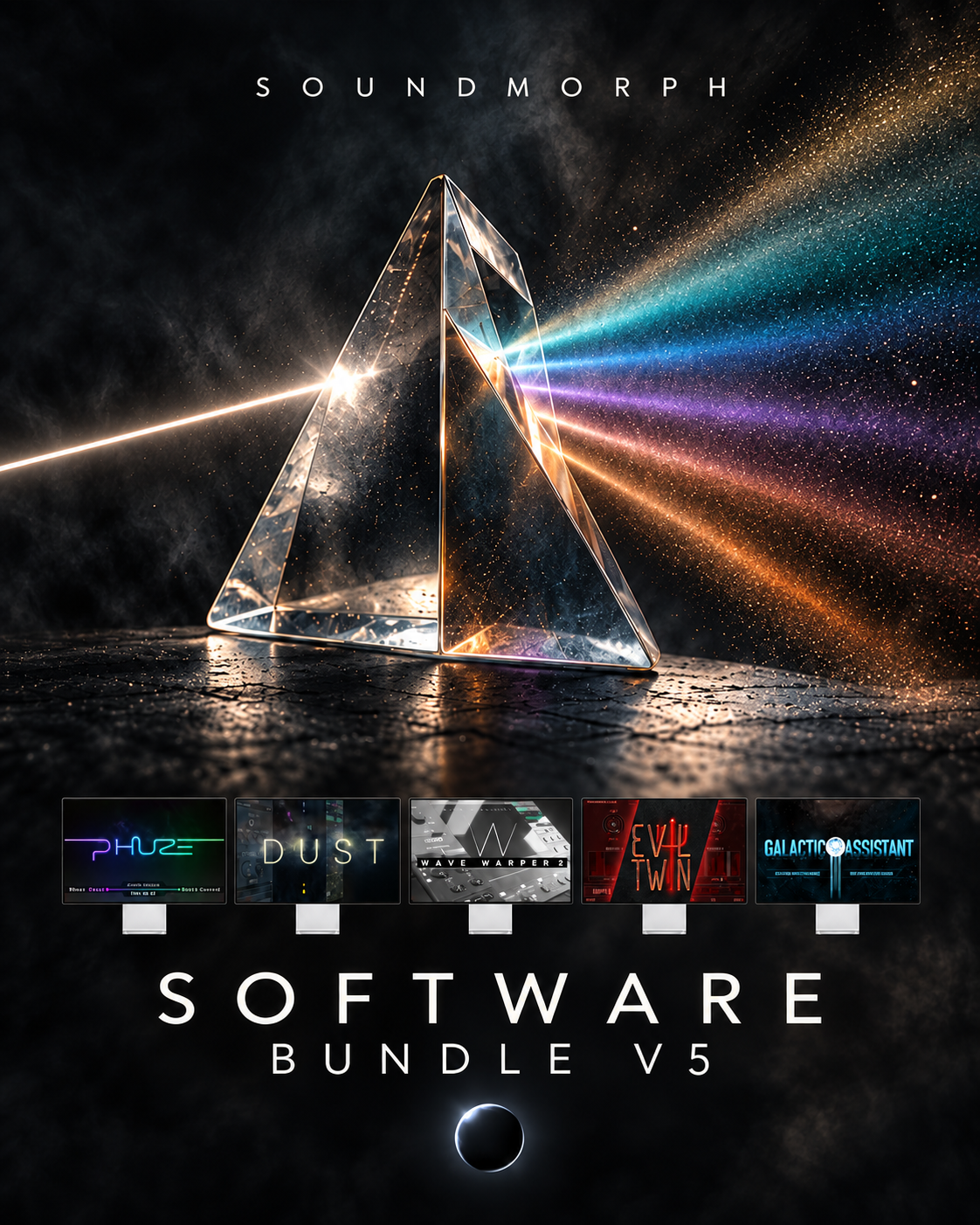 Software Bundle v5 — prism artwork with PHUZE, DUST, Wave Warper 2, Evil Twin, and Galactic Assistant
