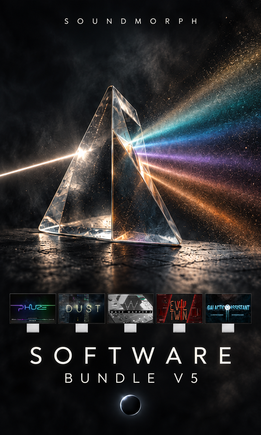 Software Bundle v5 — glass prism with PHUZE, DUST, Wave Warper 2, Evil Twin, and Galactic Assistant