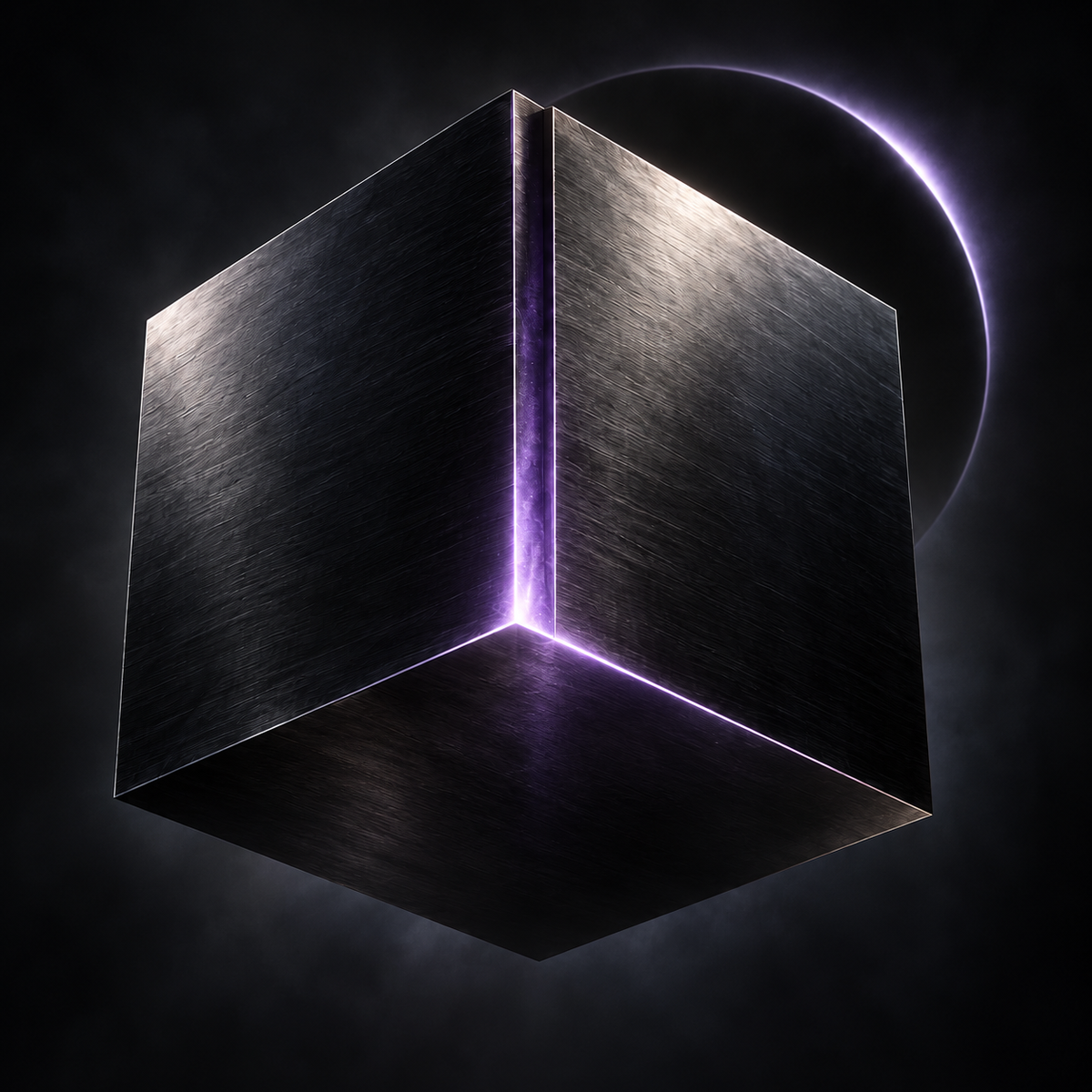 SoundMorph Universe Bundle — brushed black titanium cube with a violet seam and eclipse halo