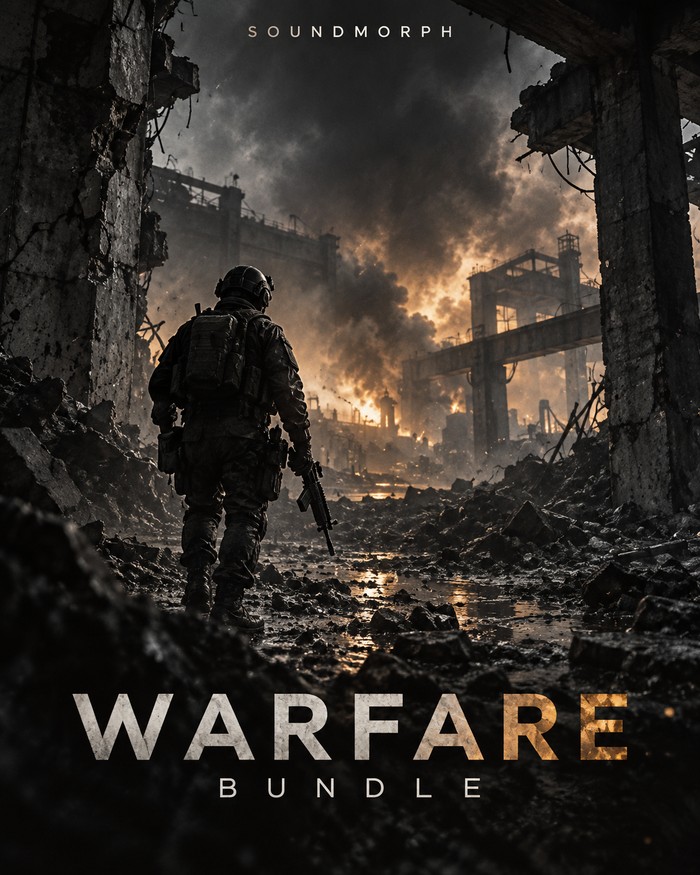 Warfare Bundle — SoundMorph weapons sound library bundle, featuring a tactical figure in a ruined industrial landscape