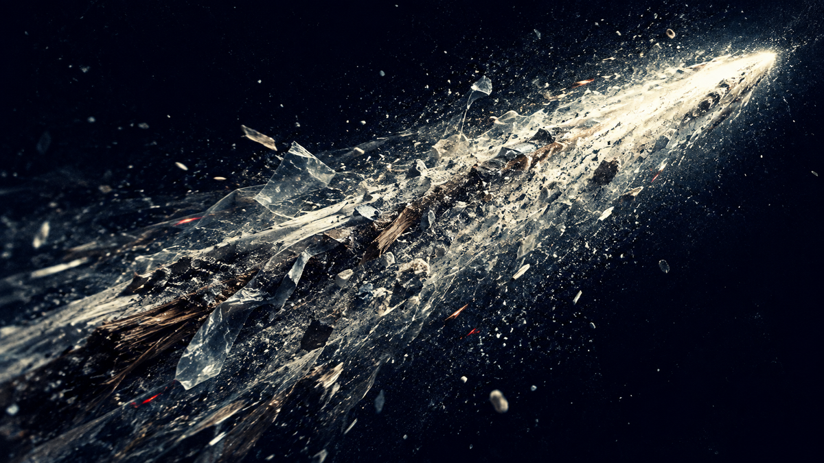 Abstract high-speed pass-by formed from metal, wood, plastic and particles