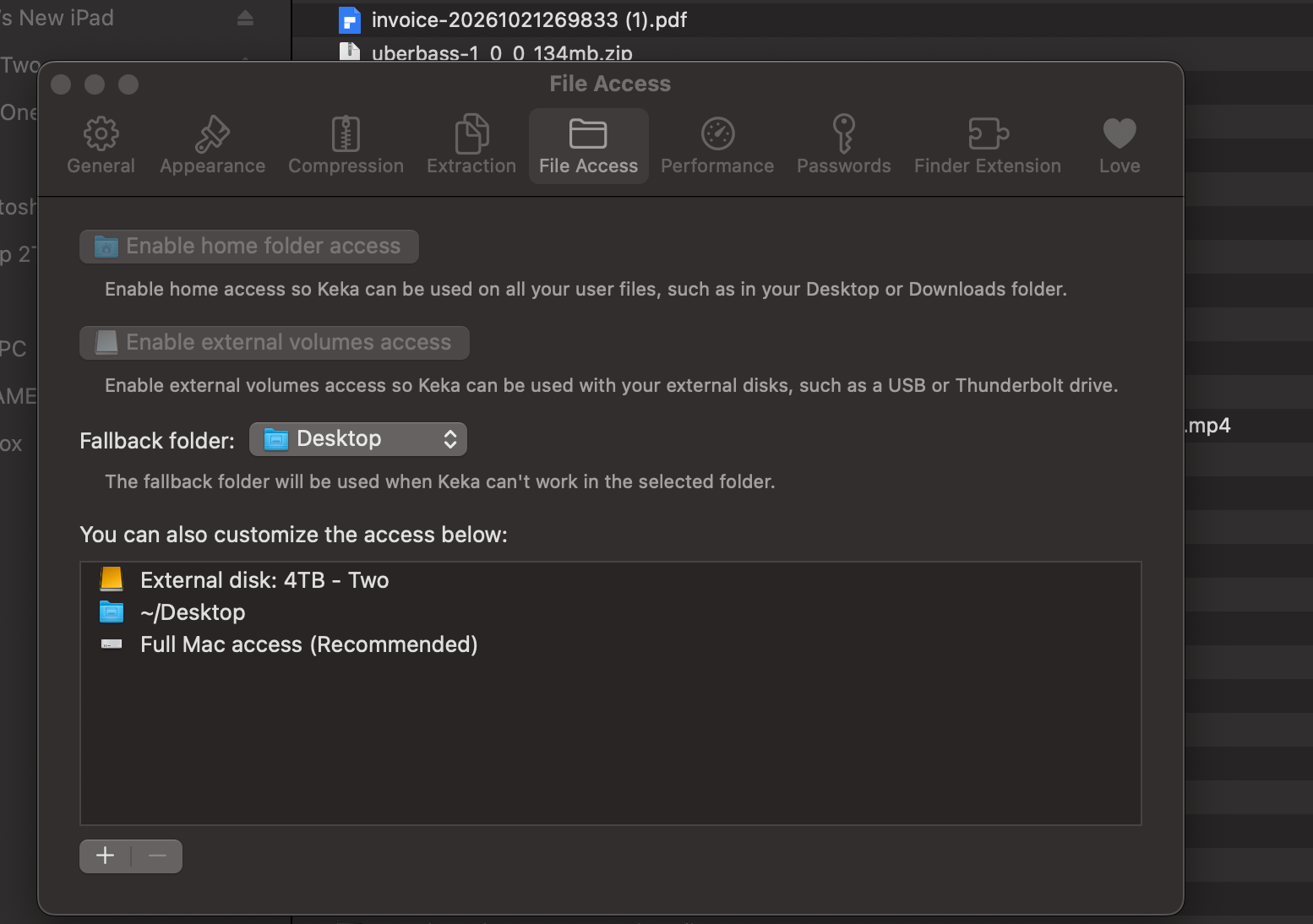 Keka File Access settings. Use the plus button in the bottom-left corner to add the folder or drive containing your downloads.